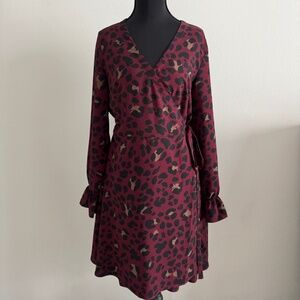 Loft Burgundy Leopard Print Tie Wrap Dress - Size 8